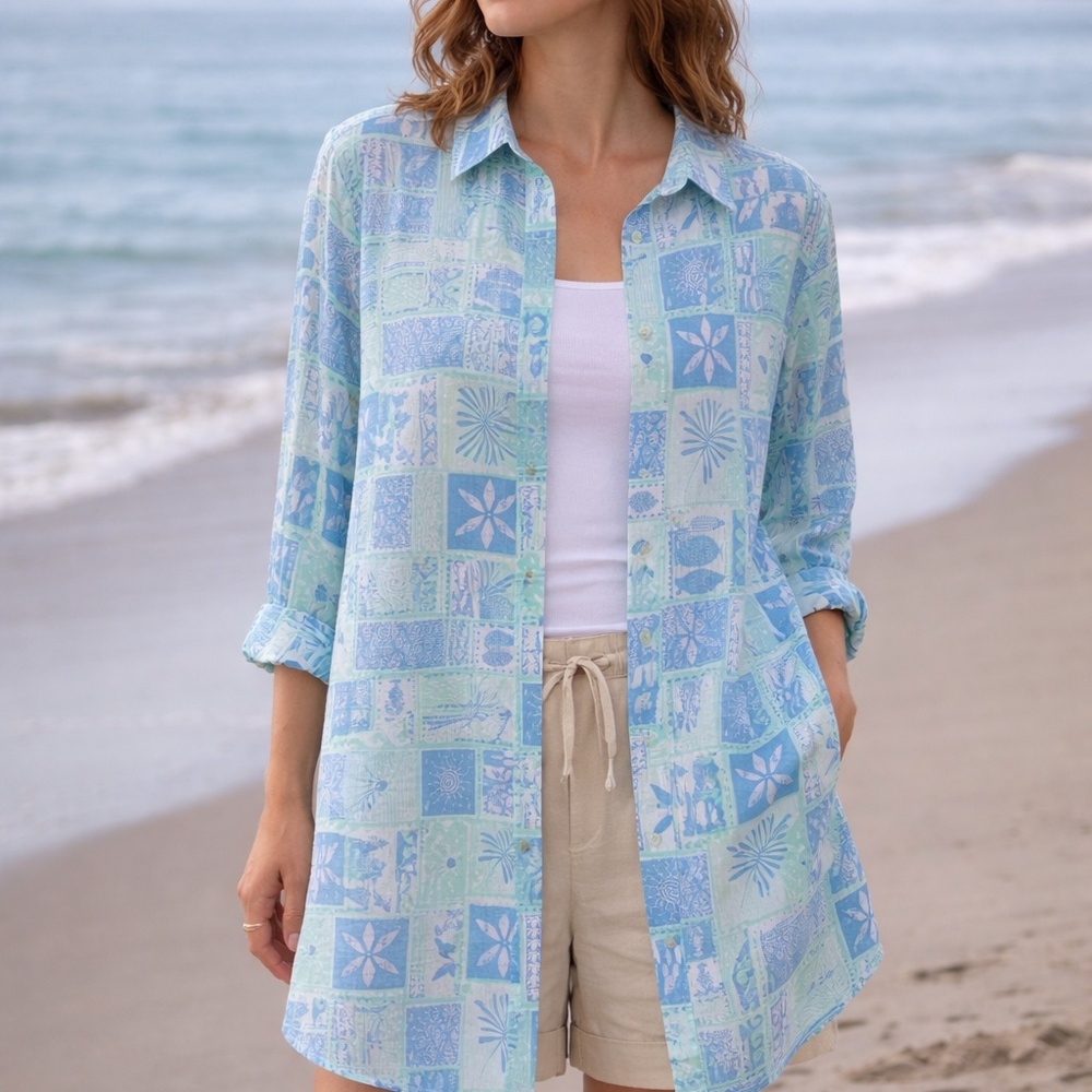 🌊 C&C California Coastal Print Button-Up Shirt | Size M | Beachy Blue & Green